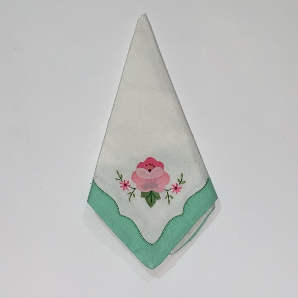 Floral Embroidered White and Green Handkerchief